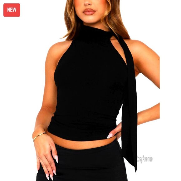 Tops - Off Shoulder Halter Mock Neck Sleeveless Crop Tank Top with Scarf